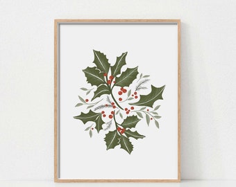 May include: A framed print of a stylized illustration of holly leaves and red berries. The leaves are green and the berries are red. The print is on a white background.