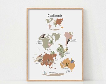 Nursery Animal World Map Print, Kids Playroom Decor (Digital Download)