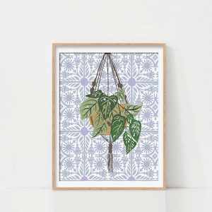 Lisbon Tiles Print, Botanical Plant Art, Plant Poster, Portuguese Wall Tiles, Bathroom Wall Decor, Plant Wall Art, Swiss Cheese Plant Art image 1