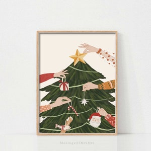 May include: A green Christmas tree with a gold star on top.  Multiple hands are decorating the tree with ornaments, including a candy cane, a star, a fish, and a Santa Claus head.