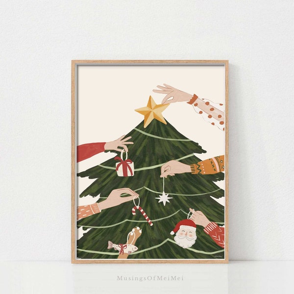 Christmas Wall Decor, Christmas Tree Print, Printable Wall Art, Holiday Decor, Christmas Printables, Christmas Art with Pets, Boho Christmas