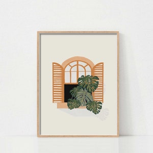 Puede incluir: Una ilustración digital de una ventana con contraventanas de madera abiertas y una gran planta verde creciendo afuera. La ventana es arqueada y tiene un marco marrón claro. El fondo es de color beige claro.