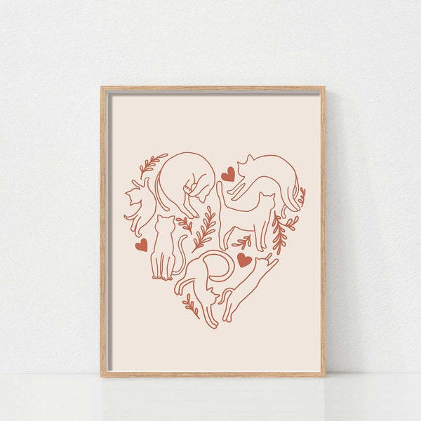 Cat Lover Art Print, Hearts of Cats, Printable Wall Art, Valentines Cat Print, Cat Lover Home Decor, Line Art, Cat Mom Poster Minimalist Art