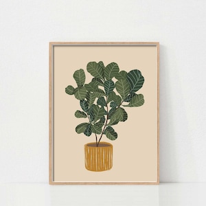 Puede incluir: Una ilustración enmarcada de una planta de ficus lyrata en maceta con hojas verdes y una maceta amarilla sobre un fondo crema.