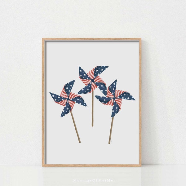 Watercolor Pinwheel Art Print, 4th of July Printable, Printable Wall Art,  Red White Blue Pinwheel Art, Digital Download,  Independence Day