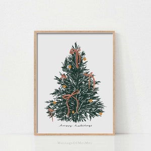 May include: A digital illustration of a green Christmas tree decorated with red bows and gold ornaments. The text "happy holidays" is written below the tree.