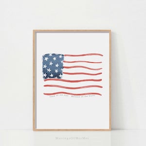 Fourth of July Flag Art, Watercolor Flag Print, Printable Wall Art, Red Blue White Art, Patriotic Art, Digital Download, 4th of July Quote