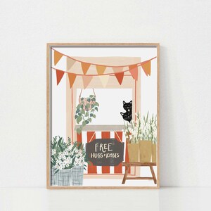 May include: A digital illustration of a pink and orange striped stand with a sign that reads "FREE HUGS + KISSES". Two black cats are peeking out from behind the counter. There are white flowers in pots and a string of orange and yellow flags hanging above the stand.