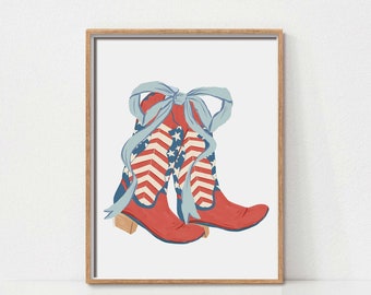 Cowgirl Boots Art Print, Printable Wall Art, Coquette 4th of July Decor, Summer Cowgirl Wall Art, American Cowgirl Print, Wild West Nursery