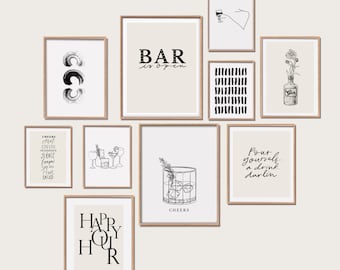 Bar Cart Art, Gallery Wall Set of 10, Bar Cart Styling Printable Art, Cocktail Bar Art Print, Bar Cart Decor, Whiskey Art, Minimalist Art
