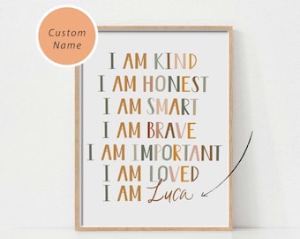 Affirmations for Kids, Custom Name Kids Art, Affirmations Printable Wall Art, I Am Kind Loved Smart, Homeschool Decor, Boho Nursery Decor