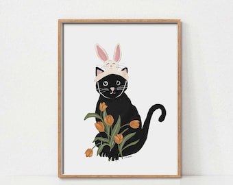 Easter Cat Decor, Printable Wall Art, Black Cat Print, Cute Cat Poster, Nursery Easter Decor, Cat Lover Gift, Cat Painting, PeekaBOO Cat