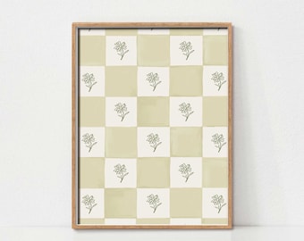 Flower Checkered Wall Art, Minimalist Abstract Floral Decor, Aesthetic Geometric Poster, Trendy Retro Print, Printable Living Room Art