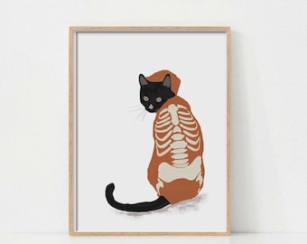 Skeleton Cat Print, Halloween Spooky Print, Printable Wall Art, Spooky Cute Cat Decor, Digital Download, Black Cat Poster