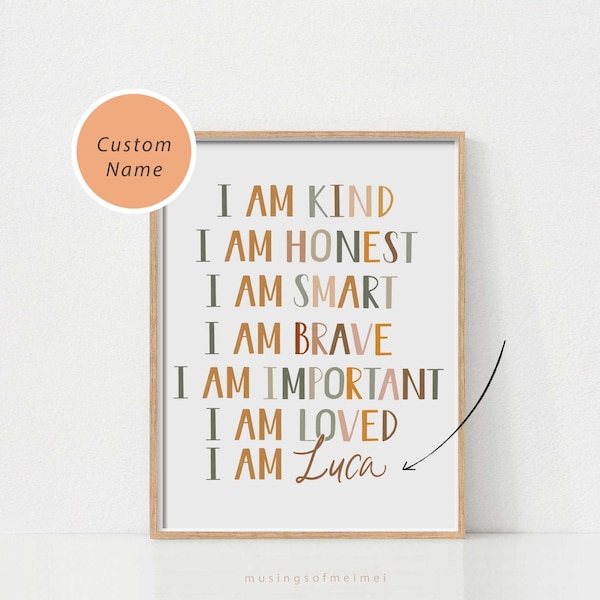 Affirmations for Kids, Custom Name Kids Art, Affirmations Printable Wall Art, I Am Kind Loved Smart, Homeschool Decor, Boho Nursery Decor