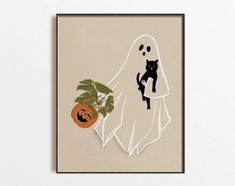 Ghost Halloween Print, Halloween Cat Lover Print, Plant Lover Halloween Decor, Printable Wall Art, Halloween Printables, Ghost with Pumpkin