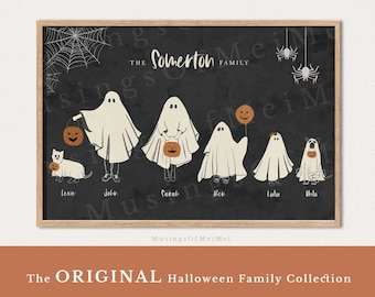 Halloween Family Portrait, Personalized Family Print, Halloween Printable Wall Art, Custom Family Art with Pets, Halloween Ghost Family