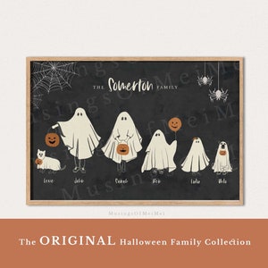 Halloween Family Portrait, Personalized Family Print, Halloween Printable Wall Art, Custom Family Art with Pets, Halloween Ghost Family