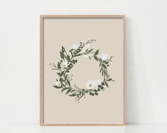 Spring Floral Art, Daisy Wreath Print, Spring Easter Wall Art, Printable Wall Art, Easter Wall Art, Botanical Print, Neutral Decor, Floral