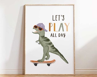 Afdrukbare muurkunst dinosaurus skateboardposter - laten we de hele dag spelen - speels decor voor kinderkamer, leuke dierenillustratie, kunst in de klas