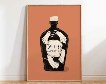 Boozy Spirits Printable Wall Art, Halloween Ghost Art, Fun Halloween Decor, Spooky Spirits Poster, Halloween Wall Art, Halloween Bar Cart