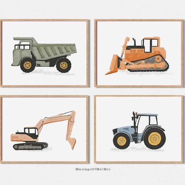 Construction Vehicle Kids Prints, Set of 5, Playroom Wall Art, Truck Wall Art Prints, PRINTABLE WALL ART, Boho Nursery, Boy Room Decor