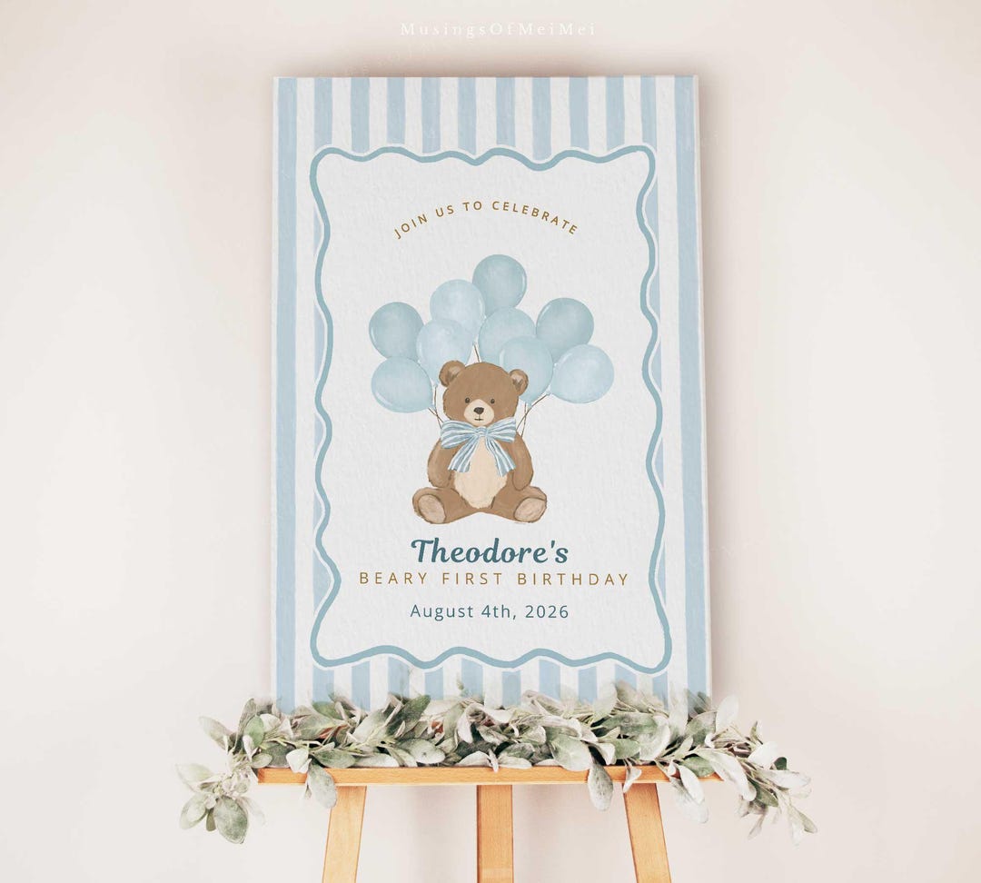 Teddy Bear Editable Welcome Sign, Blue Balloon Boy 1st Birthday Poster ...