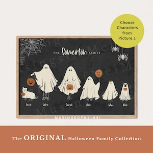 Halloween Family Portrait, Personalized Family Print, Halloween Printable Wall Art, Custom Family Art with Pets, Halloween Ghost Family