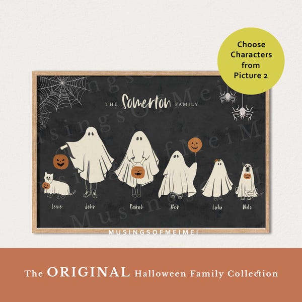 Halloween Family Portrait, Personalized Family Print, Halloween Printable Wall Art, Custom Family Art with Pets, Halloween Ghost Family