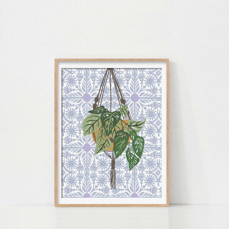 Lisbon Tiles Print, Botanical Plant Art, Plant Poster, Portuguese Wall Tiles, Bathroom Wall Decor, Plant Wall Art, Swiss Cheese Plant Art image 1