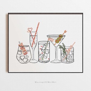 May include: A digital illustration of five different cocktails with various garnishes and straws. The cocktails include a martini, a highball, a glass of champagne, and two other mixed drinks. The illustration is in black and white with red, pink, and green accents.