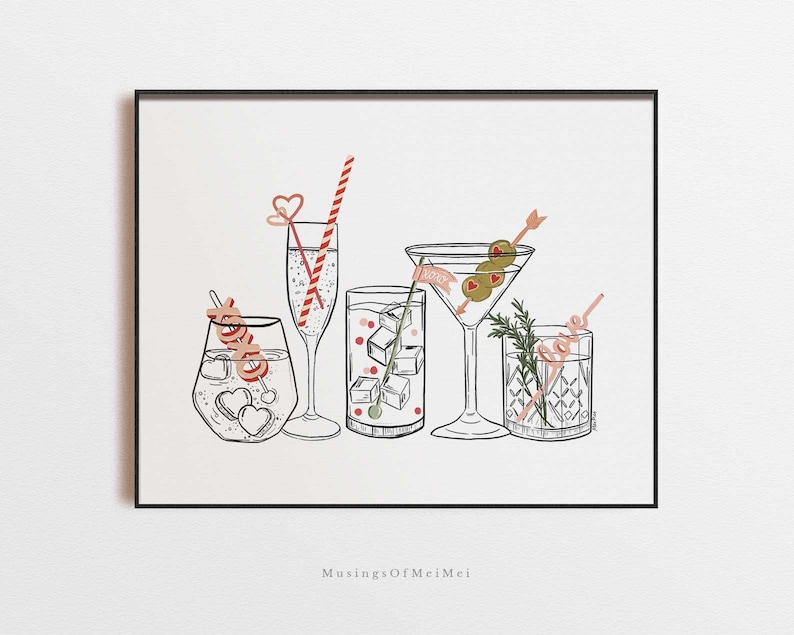 May include: A digital illustration of five different cocktails with various garnishes and straws. The cocktails include a martini, a highball, a glass of champagne, and two other mixed drinks. The illustration is in black and white with red, pink, and green accents.