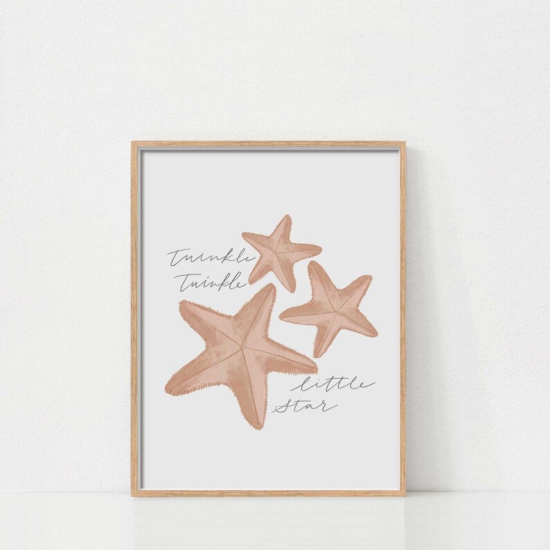 May include: A nursery print with three starfish in shades of pink and brown. The text "twinkle twinkle little star" is written in cursive.