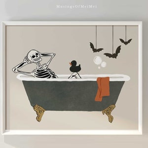 May include: A skeleton is relaxing in a bathtub with a rubber ducky. Bats are hanging from the ceiling above the tub. The scene is set against a light beige background.