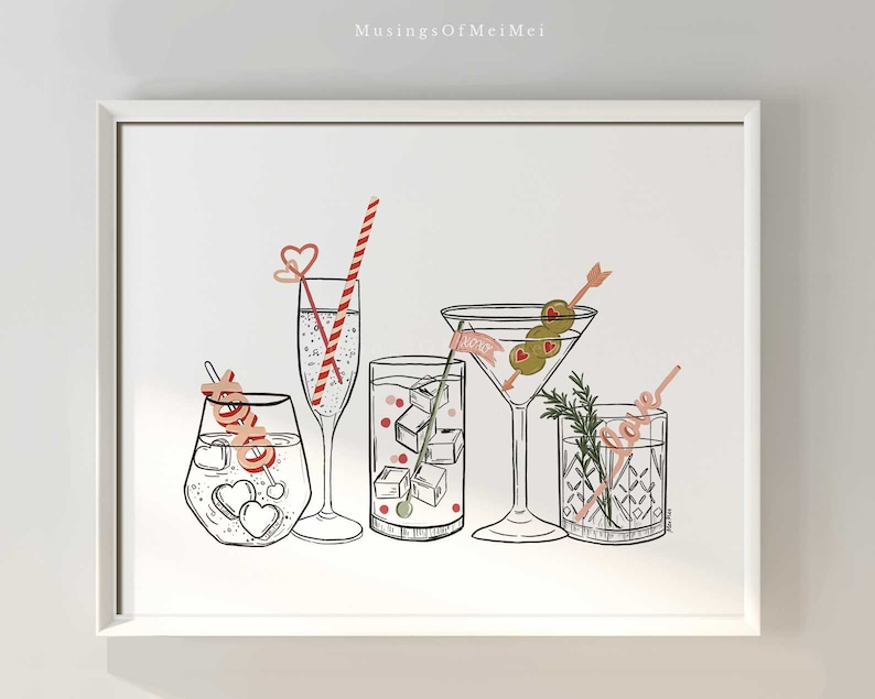 May include: Five different cocktails with various garnishes and straws. The cocktails include a martini, a highball, a glass with a straw that says "love", a glass with a straw that says "xoxo", and a glass with a straw that says "love".
