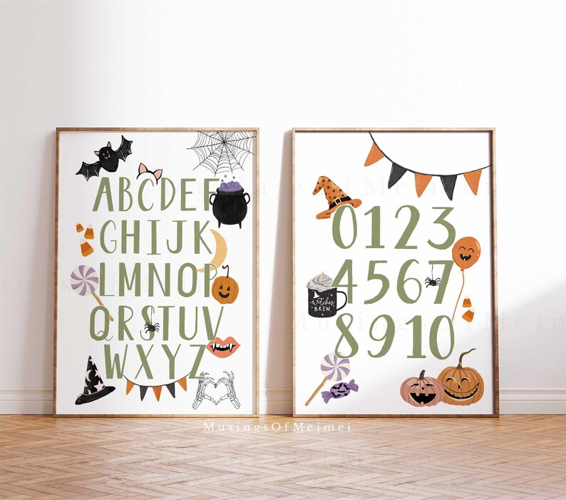 May include: Two printable Halloween-themed posters. The first poster features the alphabet with various Halloween icons, including a witch's hat, a cauldron, a spider, candy corn, a lollipop, a crescent moon, a pumpkin, and a skeleton hand. The second poster features the numbers 1-10 with various Halloween icons, including a witch's hat, a coffee mug with the text "Witches Brew", a spider, a balloon, candy corn, a lollipop, and two pumpkins.