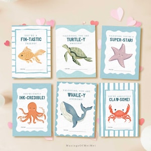 May include: Set of six Valentine's Day cards with sea creature illustrations. Each card features a different sea animal: a goldfish, turtle, starfish, octopus, whale, and crab. The cards have playful puns and space to write "From:"