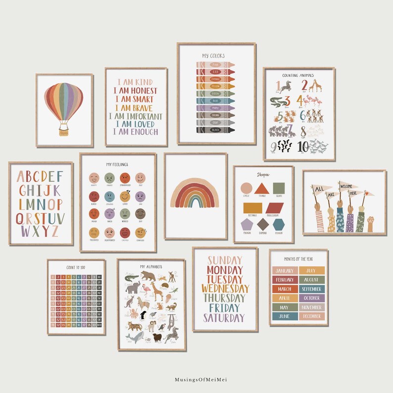 May include: A collection of framed educational posters with a neutral color palette. The posters feature the alphabet, numbers, shapes, colors, feelings, a rainbow, a hot air balloon, and inspirational quotes. The posters are designed for a child's room.