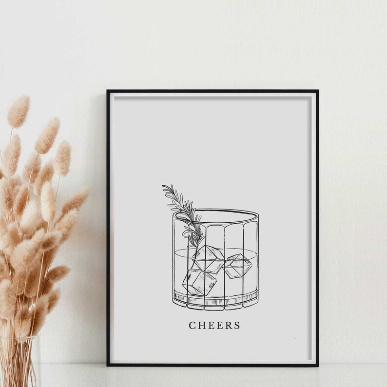 Bar Cart Print Drinks Wall Art Black and White Art Bar Art Etsy