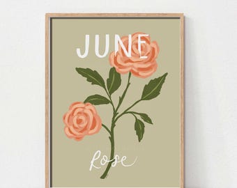 June Birth Flower Printable Wall Art, Rose Illustration, Botanical Floral Print, Birthday Gift, Nursery Decor, Birth Month Floral Print