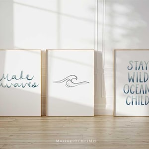 Printable Wall Art, Set of 3, Wave Line Art, Stay Wild Ocean Child, Coastal Decor, Beach House, Ocean Nursery, Instant Download, Sea Life
