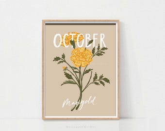 October Birth Month Flower Printable Wall Art, Birthday Gift, Marigold Flower Print, Fall Home Decor, Birth Flower Art, DIGITAL DOWNLOAD