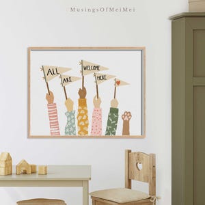 May include: A white background with six colorful arms reaching up holding pennants with the words "ALL ARE WELCOME HERE" on them. The pennants are yellow, orange, green, pink, and brown. The arms are wearing colorful striped sleeves.