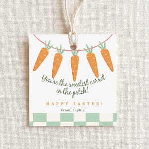 May include: A white gift tag with a string, featuring orange carrots strung on a pink line. The text reads "You're the sweetest carrot in the patch!" and "Happy Easter!" with a name below. A green and white checkered pattern is at the bottom.