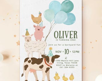 Farm Birthday Invitation, Editable Barnyard Template for Boys, Digital Download