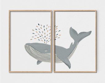 Whale Wall Art Print Set, Cute Coastal Nursery Decor (Digital Download)