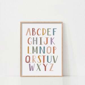 May include: A framed print with the alphabet in colorful letters on a white background. The letters are in a rainbow of colors, including red, orange, yellow, green, blue, purple, and brown.
