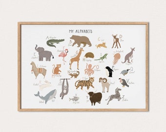 Animals Alphabets Poster, Printable Wall Art, Rainbow Kids Room Decor, Abc Poster, Homeschool Preschool Print, Woodlands, Educational Poster