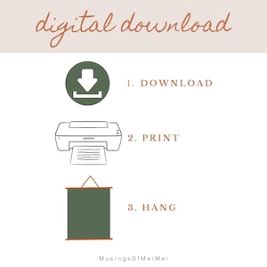 May include: A digital download graphic with instructions to download, print, and hang a printable. The graphic features a green download arrow, a printer, and a green rectangle with a hanging string.