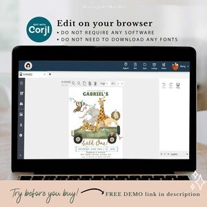 May include: A laptop screen displaying a Corjl web interface for editing a digital birthday invitation. The invitation features a green safari vehicle with a monkey, elephant, giraffe, lion, and tiger, plus the text Gabriel's Wild One.
